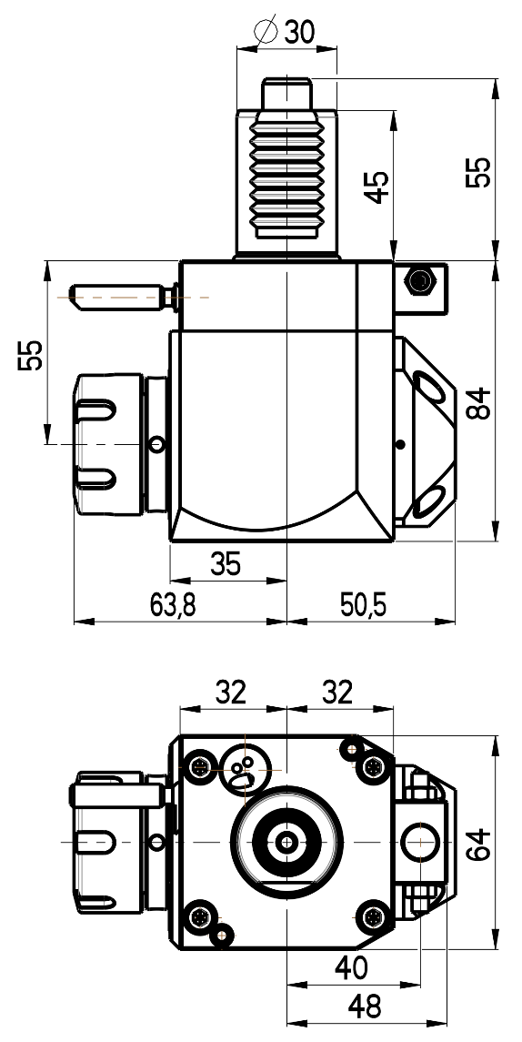 RG Tools VDI 30, winkliger Werkzeughalter, Kupplung DIN 5482, mit Innenkühlung RGX1-30/211-25/2.2-55 Dimensionen