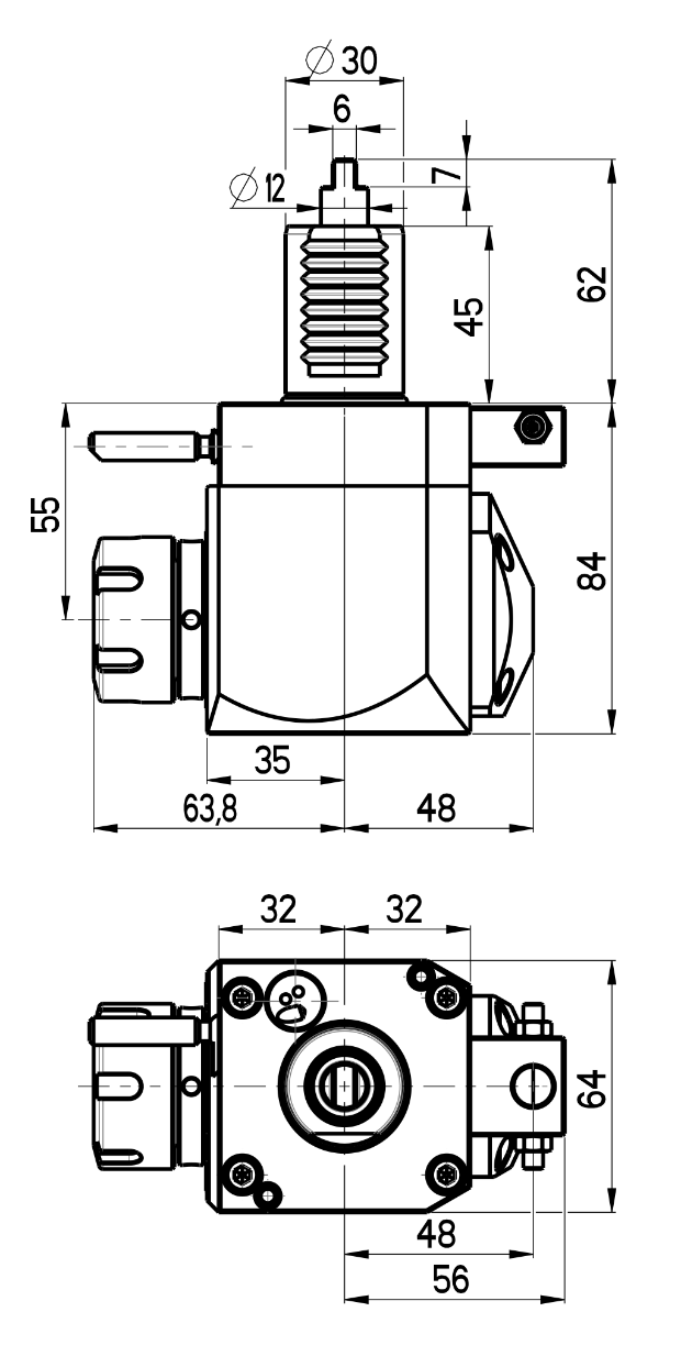 RG Tools VDI 30, winkliger Werkzeughalter, Kupplung DIN 1809, ohne Innenkühlung RGX1-30/221-25/1.2-55C Dimensionen