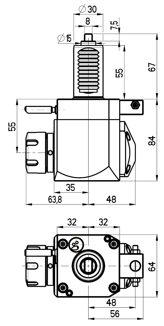 RG Tools VDI 30, winkliger Werkzeughalter, Kupplung flach(~DIN 1809), ohne Innenkühlung RGX1-30/221-25/1.2-55D Dimensionen