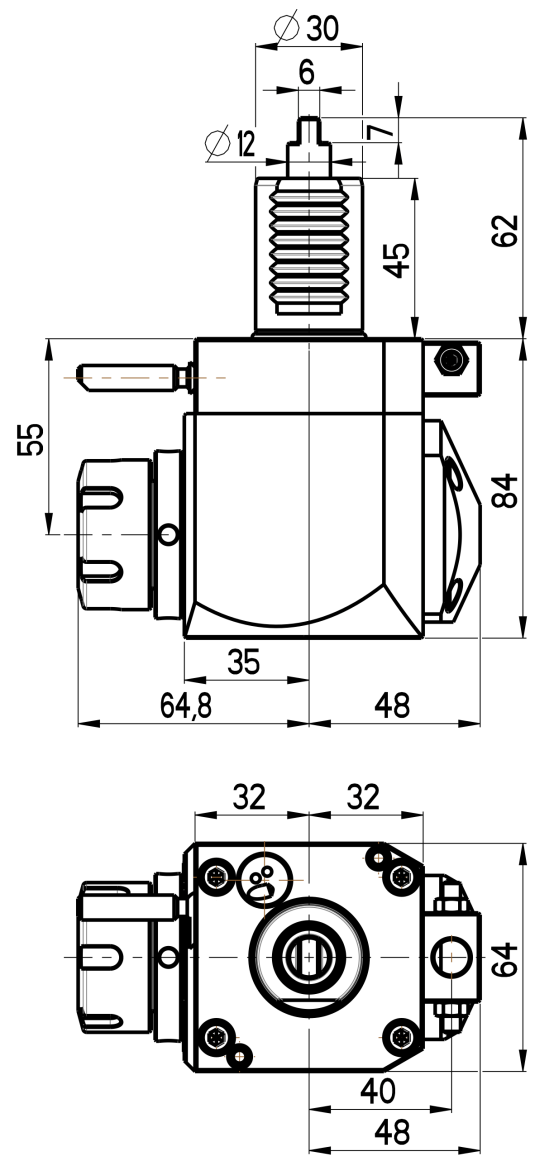 RG Tools VDI 30, winkliger Werkzeughalter, Kupplung DIN 1809, ohne Innenkühlung RGX1-30/221-25/1.2-55 Dimensionen
