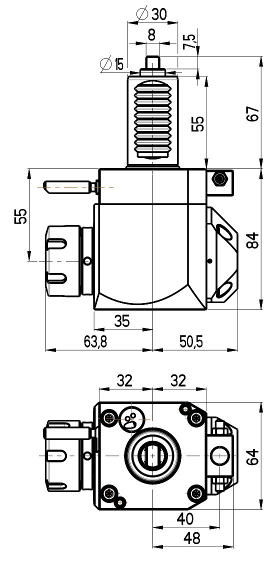RG Tools VDI 30, winkliger Werkzeughalter, Kupplung flach(~DIN 1809), mit Innenkühlung RGX1-30/221-25/2.2-55B Dimensionen