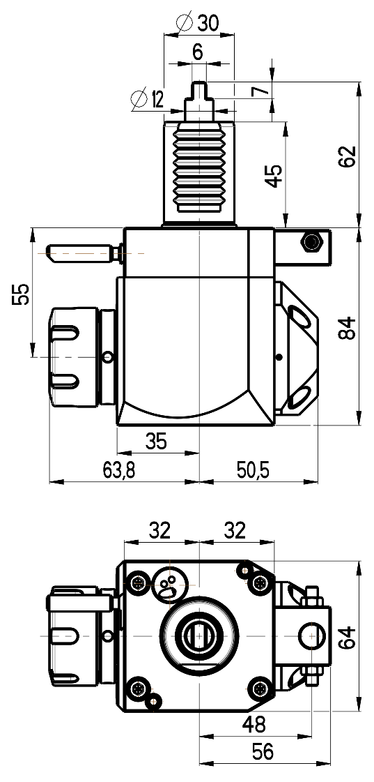 RG Tools VDI 30, winkliger Werkzeughalter, Kupplung DIN 1809, mit Innenkühlung RGX1-30/221-25/2.2-55C Dimensionen