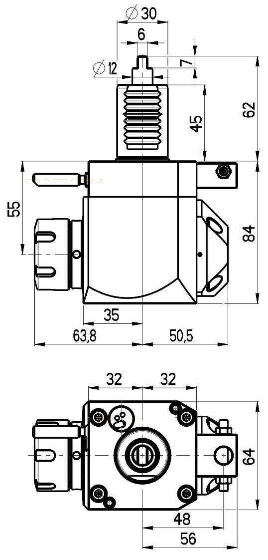 RG Tools VDI 30, winkliger Werkzeughalter, Kupplung flach(~DIN 1809), mit Innenkühlung RGX1-30/221-25/2.2-55D Dimensionen