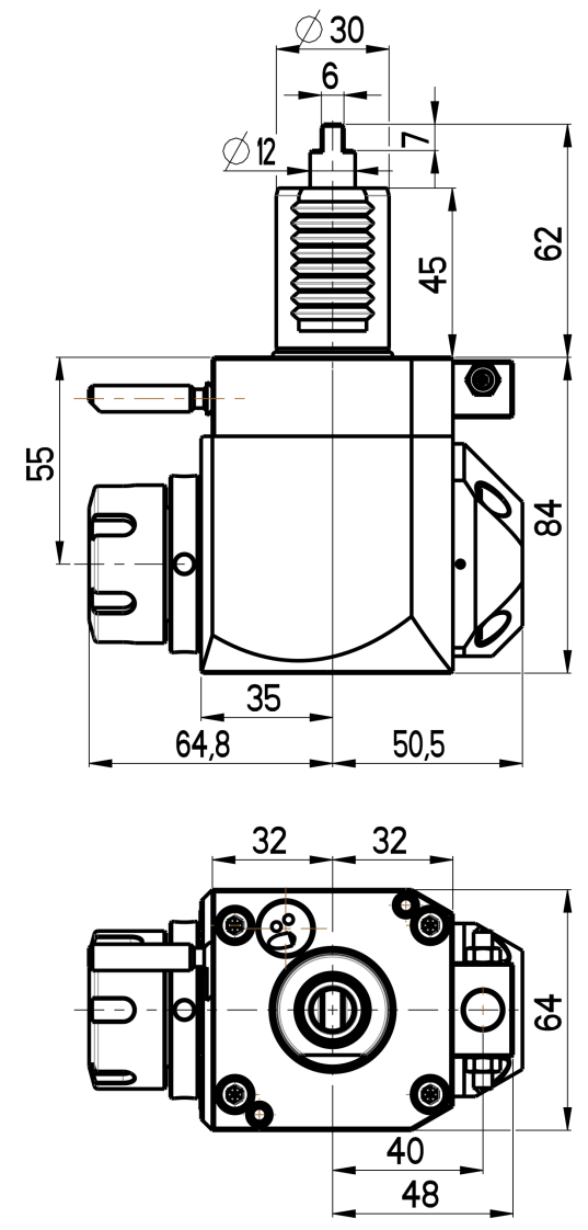 RG Tools VDI 30, winkliger Werkzeughalter, Kupplung DIN 1809, mit Innenkühlung RGX1-30/221-25/2.2-55 Dimensionen