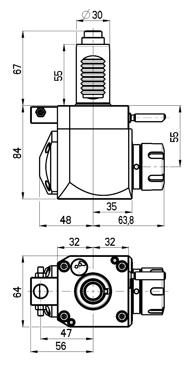 RG Tools VDI 30, winkliger Werkzeughalter, Kupplung DIN 5480, ohne Innenkühlung RGX1-30/231-25/1.1-55 Dimensionen