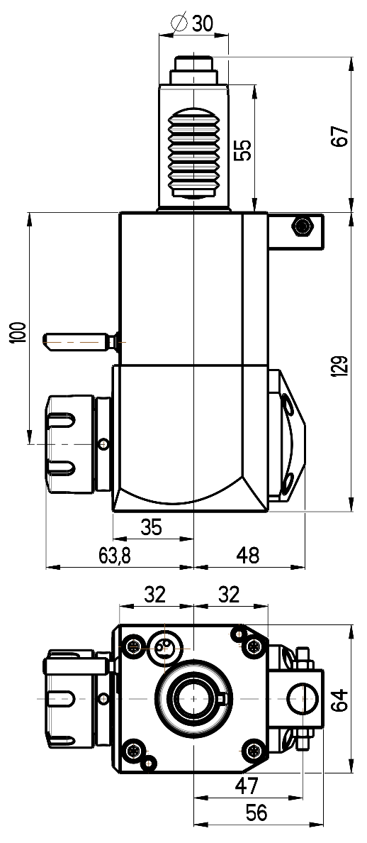RG Tools VDI 30, winkliger Werkzeughalter, Kupplung DIN 5480, ohne Innenkühlung RGX1-30/231-25/1.2-100 Dimensionen
