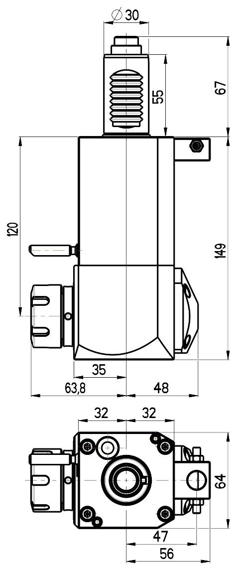 RG Tools VDI 30, winkliger Werkzeughalter, Kupplung DIN 5480, ohne Innenkühlung RGX1-30/231-25/1.2-120 Dimensionen