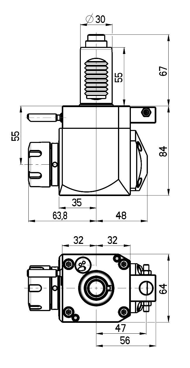 RG Tools VDI 30, winkliger Werkzeughalter, Kupplung DIN 5480, ohne Innenkühlung RGX1-30/231-25/1.2-55 Dimensionen