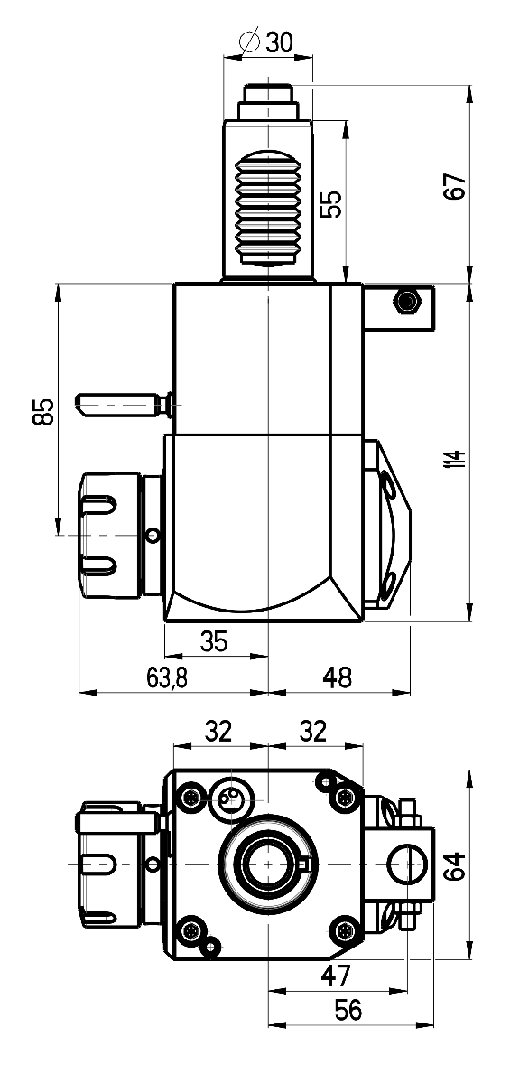 RG Tools VDI 30, winkliger Werkzeughalter, Kupplung DIN 5480, ohne Innenkühlung RGX1-30/231-25/1.2-85 Dimensionen