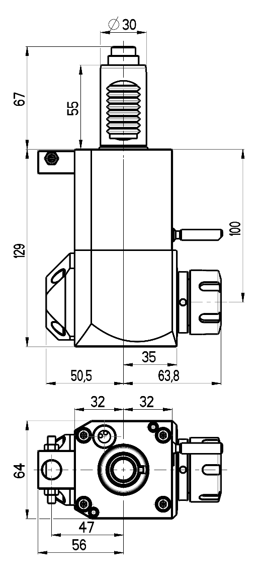 RG Tools VDI 30, winkliger Werkzeughalter, Kupplung DIN 5480, mit Innenkühlung RGX1-30/231-25/2.1-100 Dimensionen