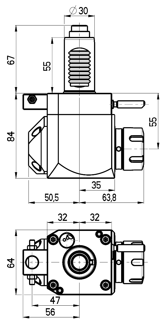 RG Tools VDI 30, winkliger Werkzeughalter, Kupplung DIN 5480, mit Innenkühlung RGX1-30/231-25/2.1-55 Dimensionen