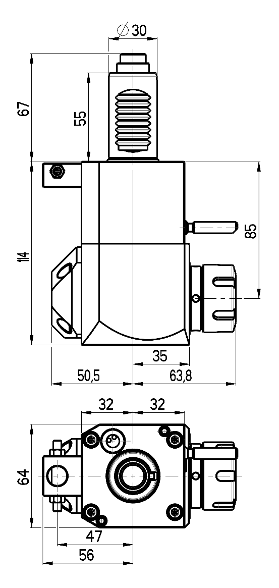 RG Tools VDI 30, winkliger Werkzeughalter, Kupplung DIN 5480, mit Innenkühlung RGX1-30/231-25/2.1-85 Dimensionen
