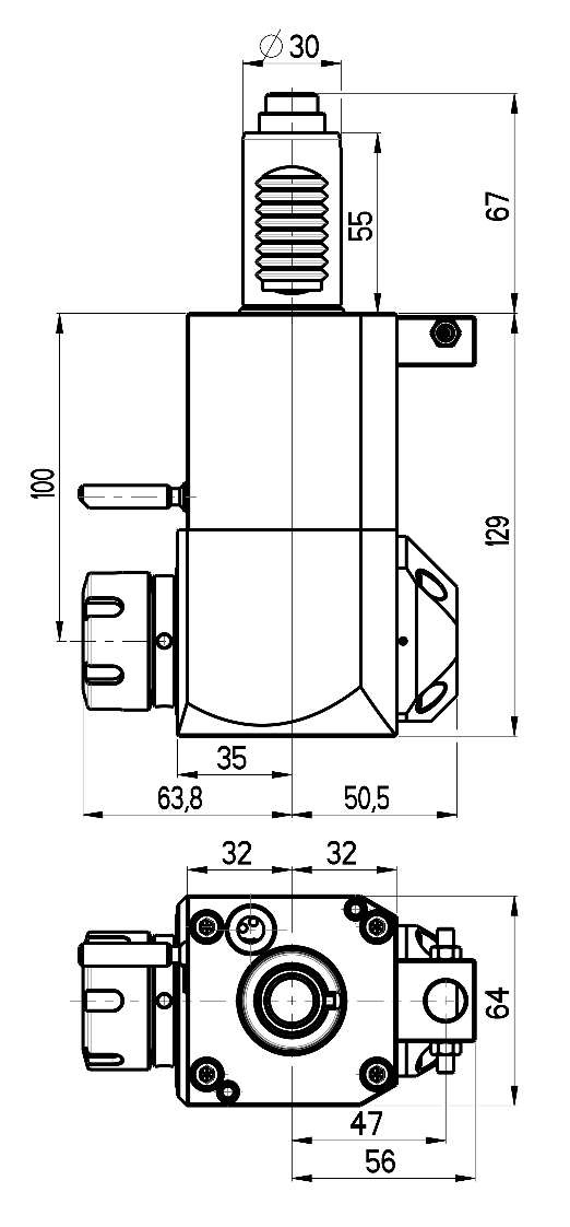 RG Tools VDI 30, winkliger Werkzeughalter, Kupplung DIN 5480, mit Innenkühlung RGX1-30/231-25/2.2-100 Dimensionen