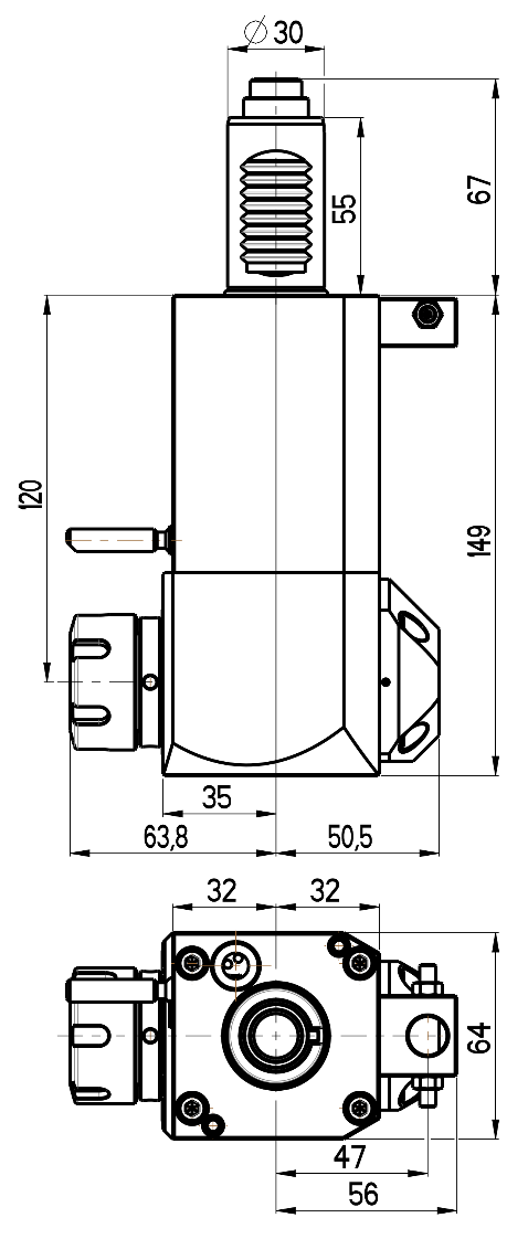 RG Tools VDI 30, winkliger Werkzeughalter, Kupplung DIN 5480, mit Innenkühlung RGX1-30/231-25/2.2-120 Dimensionen