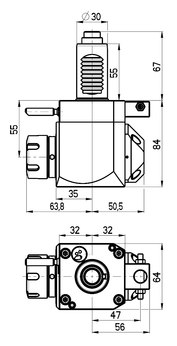 RG Tools VDI 30, winkliger Werkzeughalter, Kupplung DIN 5480, mit Innenkühlung RGX1-30/231-25/2.2-55 Dimensionen