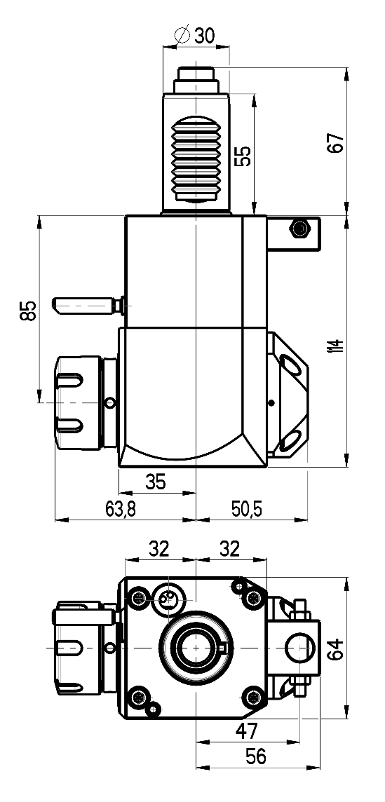 RG Tools VDI 30, winkliger Werkzeughalter, Kupplung DIN 5480, mit Innenkühlung RGX1-30/231-25/2.2-85 Dimensionen