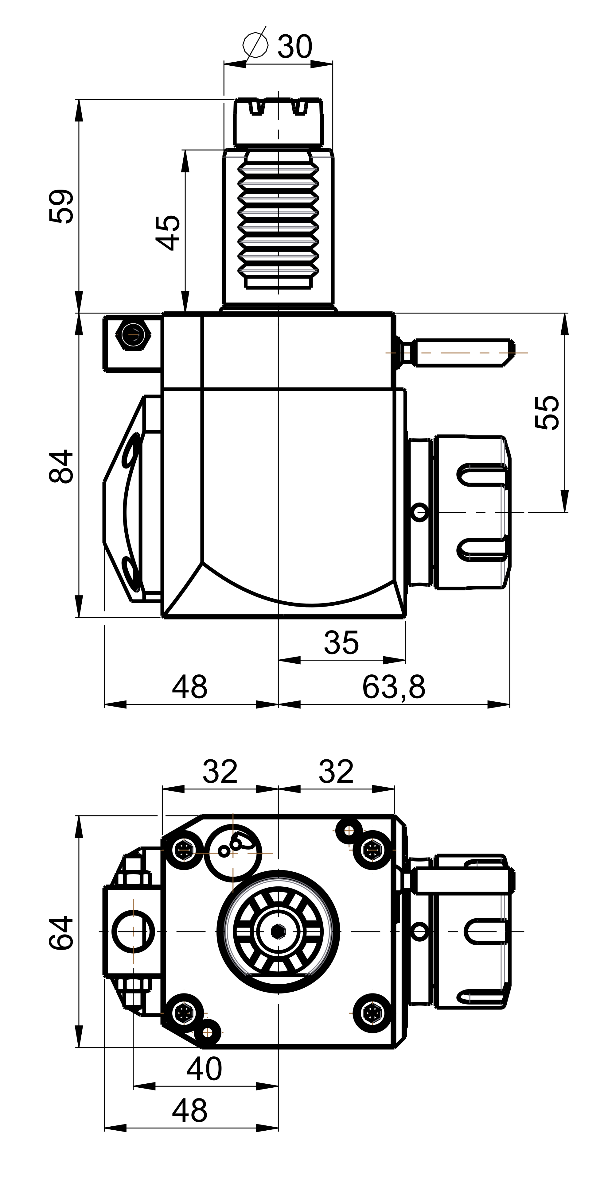 RG Tools VDI 30, winkliger Werkzeughalter, Kupplung TOEM, ohne Innenkühlung RGX1-30/241-25/1.1-55 Dimensionen