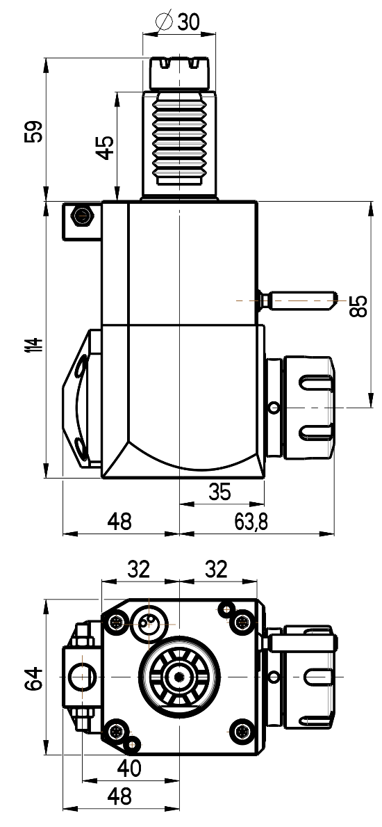 RG Tools VDI 30, winkliger Werkzeughalter, Kupplung TOEM, ohne Innenkühlung RGX1-30/241-25/1.1-85 Dimensionen