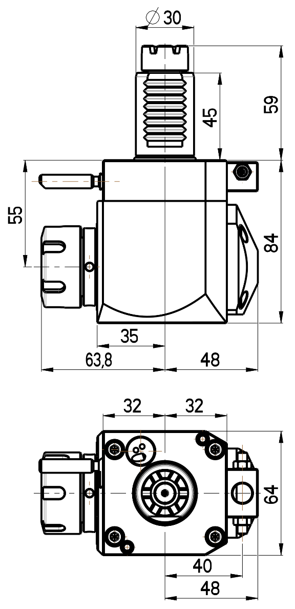 RG Tools VDI 30, winkliger Werkzeughalter, Kupplung TOEM, ohne Innenkühlung RGX1-30/241-25/1.2-55 Dimensionen