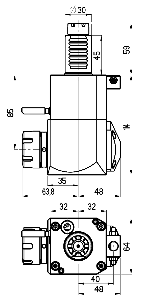 RG Tools VDI 30, winkliger Werkzeughalter, Kupplung TOEM, ohne Innenkühlung RGX1-30/241-25/1.2-85 Dimensionen