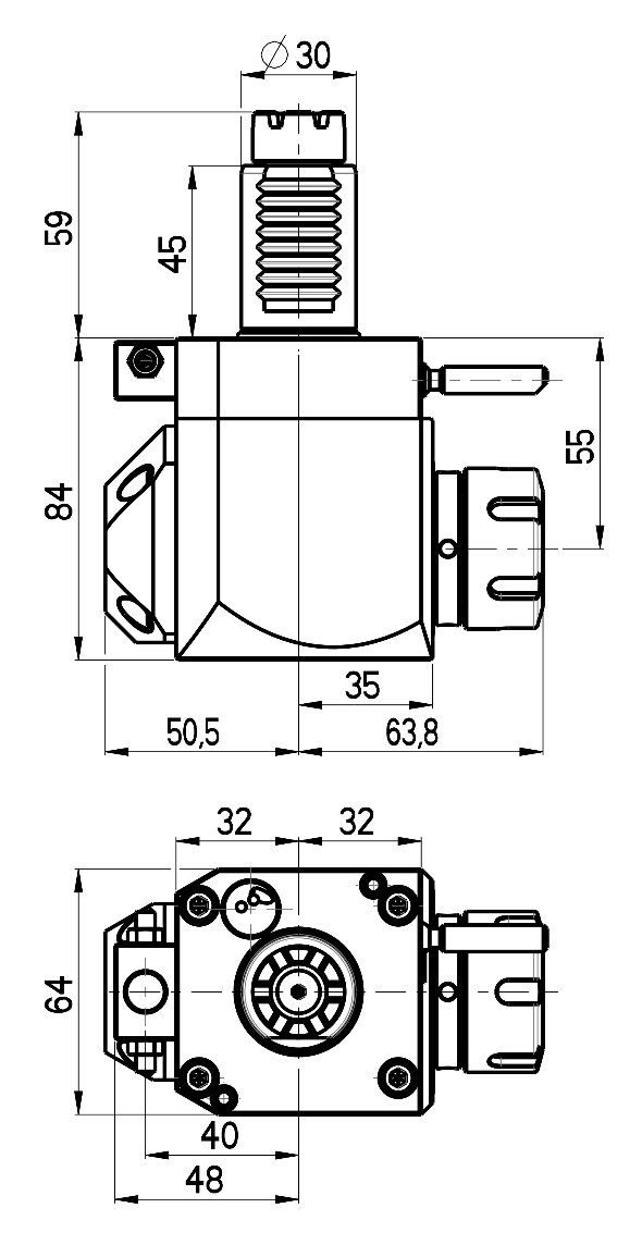 RG Tools VDI 30, winkliger Werkzeughalter, Kupplung TOEM, mit Innenkühlung RGX1-30/241-25/2.1-55 Dimensionen