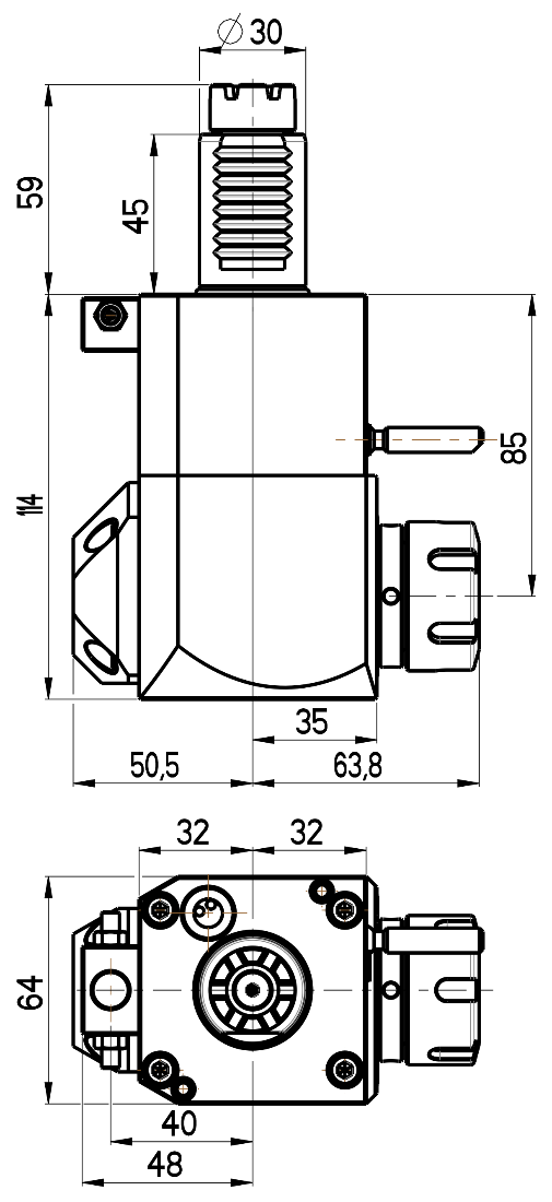 RG Tools VDI 30, winkliger Werkzeughalter, Kupplung TOEM, mit Innenkühlung RGX1-30/241-25/2.1-85 Dimensionen