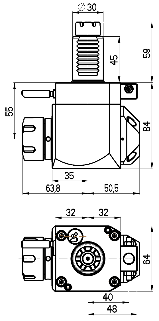 RG Tools VDI 30, winkliger Werkzeughalter, Kupplung TOEM, mit Innenkühlung RGX1-30/241-25/2.2-55 Dimensionen