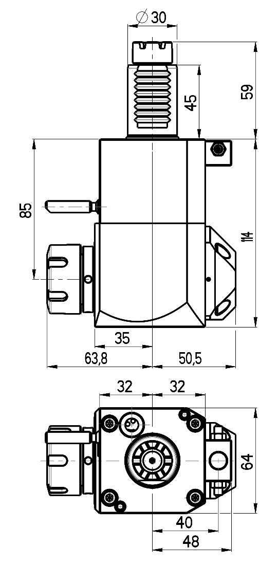 RG Tools VDI 30, winkliger Werkzeughalter, Kupplung TOEM, mit Innenkühlung RGX1-30/241-25/2.2-85 Dimensionen