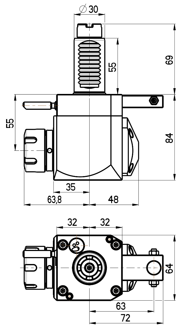 RG Tools VDI 30, winkliger Werkzeughalter, Kupplung  Okuma, ohne Innenkühlung RGX1-30/251-25/1.2-55JB Dimensionen
