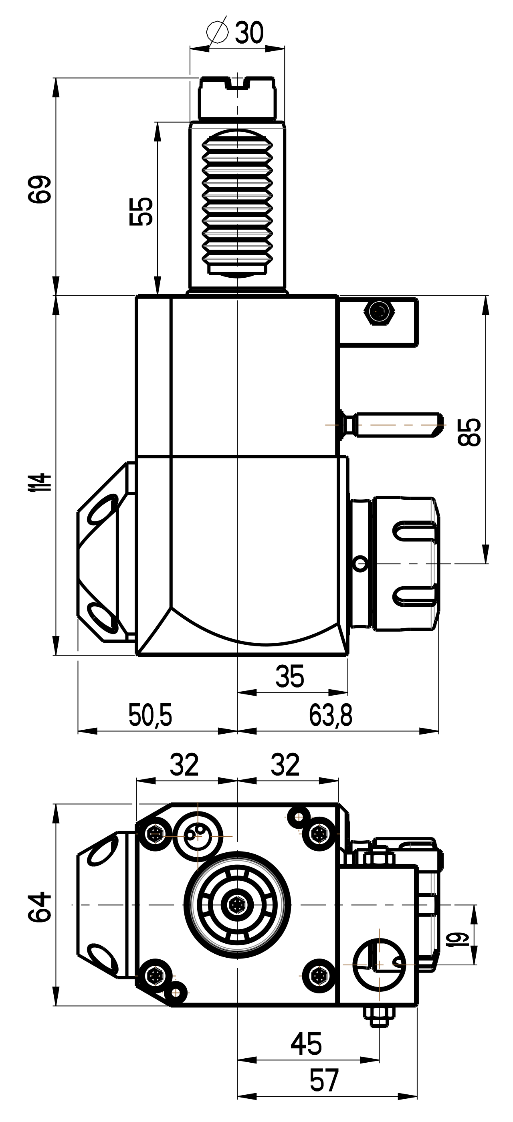 RG Tools VDI 30, winkliger Werkzeughalter, Kupplung  Okuma, mit Innenkühlung RGX1-30/251-25/2.1-85JA Dimensionen