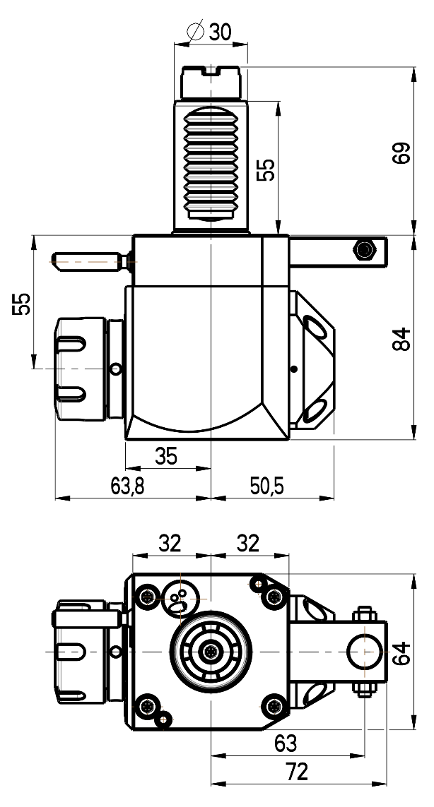 RG Tools VDI 30, winkliger Werkzeughalter, Kupplung  Okuma, mit Innenkühlung RGX1-30/251-25/2.2-55JB Dimensionen