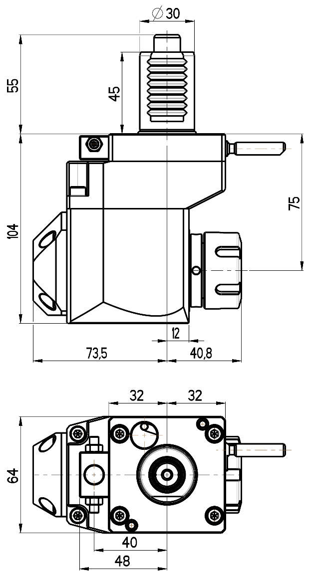RG Tools VDI 30, winkliger + versetzter Werkzeughalter, Kupplung DIN 5482, ohne Innenkühlung RGX1-30/411-25/1.1-75 Dimensionen