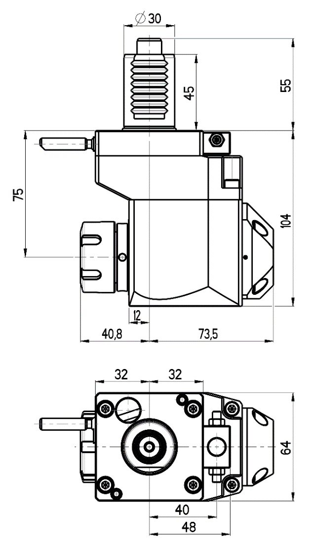 RG Tools VDI 30, winkliger + versetzter Werkzeughalter, Kupplung DIN 5482, mit Innenkühlung RGX1-30/411-25/2.2-75 Dimensionen