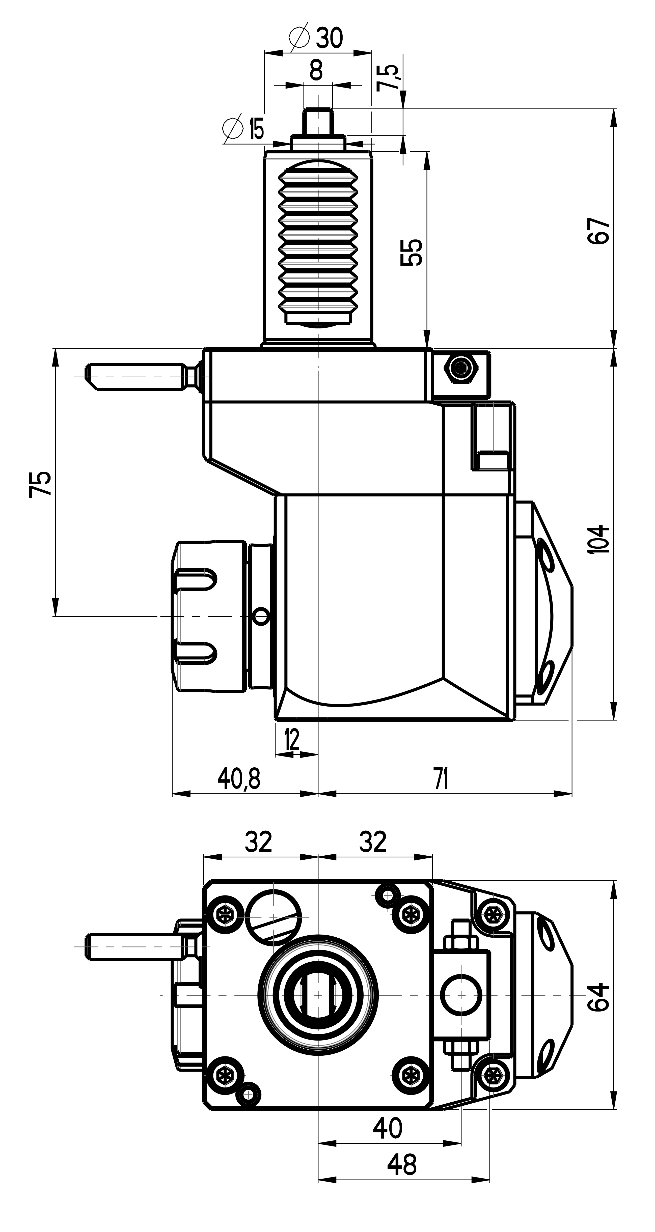 RG Tools VDI 30, winkliger + versetzter Werkzeughalter, Kupplung flach(~DIN 1809), ohne Innenkühlung RGX1-30/421-25/1.2-75B Dimensionen