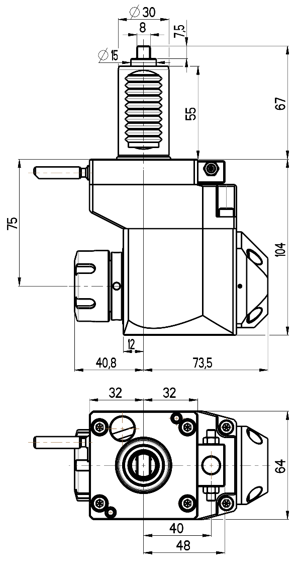 RG Tools VDI 30, winkliger + versetzter Werkzeughalter, Kupplung flach(~DIN 1809), mit Innenkühlung RGX1-30/421-25/2.2-75B Dimensionen