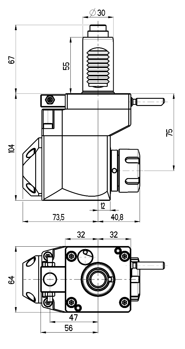 RG Tools VDI 30, winkliger + versetzter Werkzeughalter, Kupplung DIN 5480, mit Innenkühlung RGX1-30/431-25/2.1-75 Dimensionen