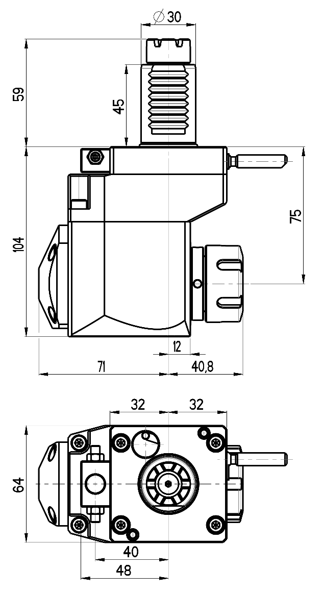 RG Tools VDI 30, winkliger + versetzter Werkzeughalter, Kupplung TOEM, ohne Innenkühlung RGX1-30/441-25/1.1-75 Dimensionen