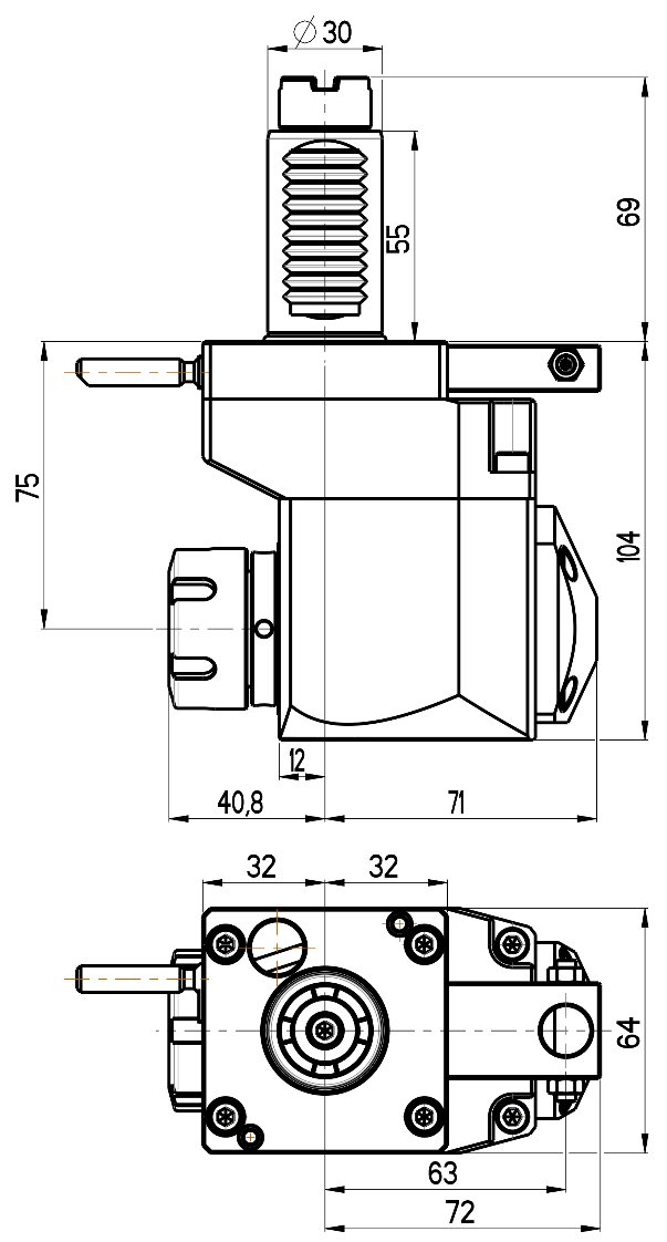 RG Tools VDI 30, winkliger + versetzter Werkzeughalter, Kupplung Okuma, ohne Innenkühlung RGX1-30/451-25/1.2-75JB Dimensionen