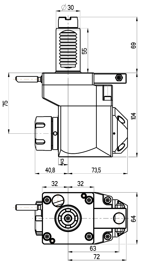 RG Tools VDI 30, winkliger + versetzter Werkzeughalter, Kupplung Okuma, mit Innenkühlung RGX1-30/451-25/2.2-75JB Dimensionen