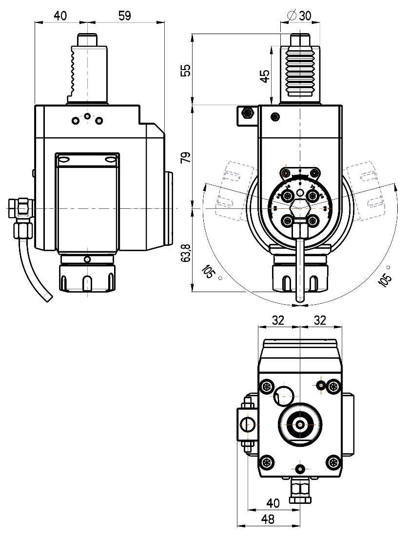 RG Tools VDI 30, winkelverstellbarer Werkzeughalter, Kupplung DIN 5482, ohne Innenkühlung RGX1-30/511-25/1 Dimensionen