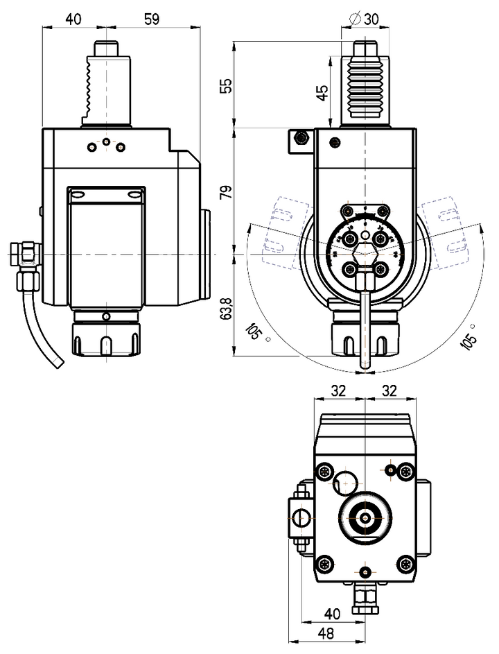 RG Tools VDI 30, winkelverstellbarer Werkzeughalter, Kupplung DIN 5482, ohne Innenkühlung RGX1-30/511-25/1 Dimensionen