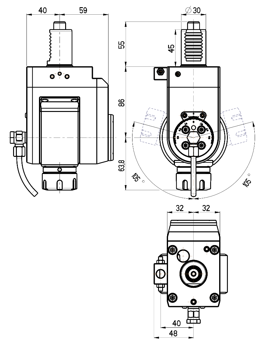 RG Tools VDI 30, winkelverstellbarer Werkzeughalter, Kupplung DIN 5482, mit Innenkühlung RGX1-30/511-25/2 Dimensionen