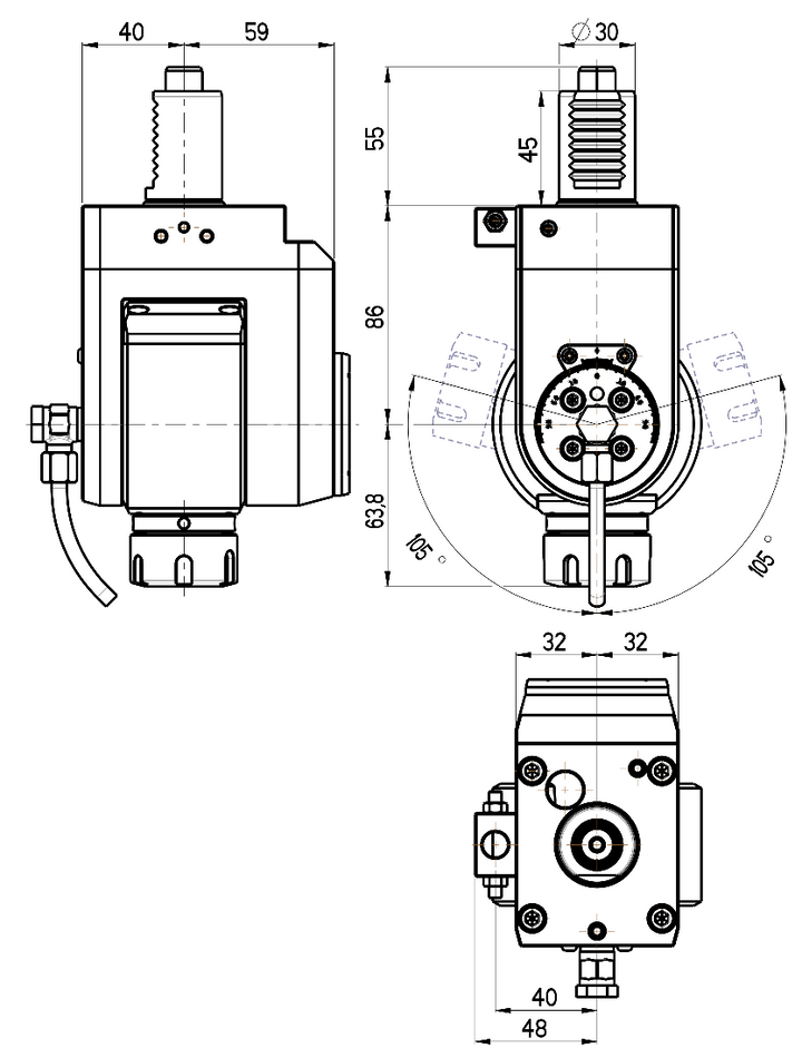 RG Tools VDI 30, winkelverstellbarer Werkzeughalter, Kupplung DIN 5482, mit Innenkühlung RGX1-30/511-25/2 Dimensionen