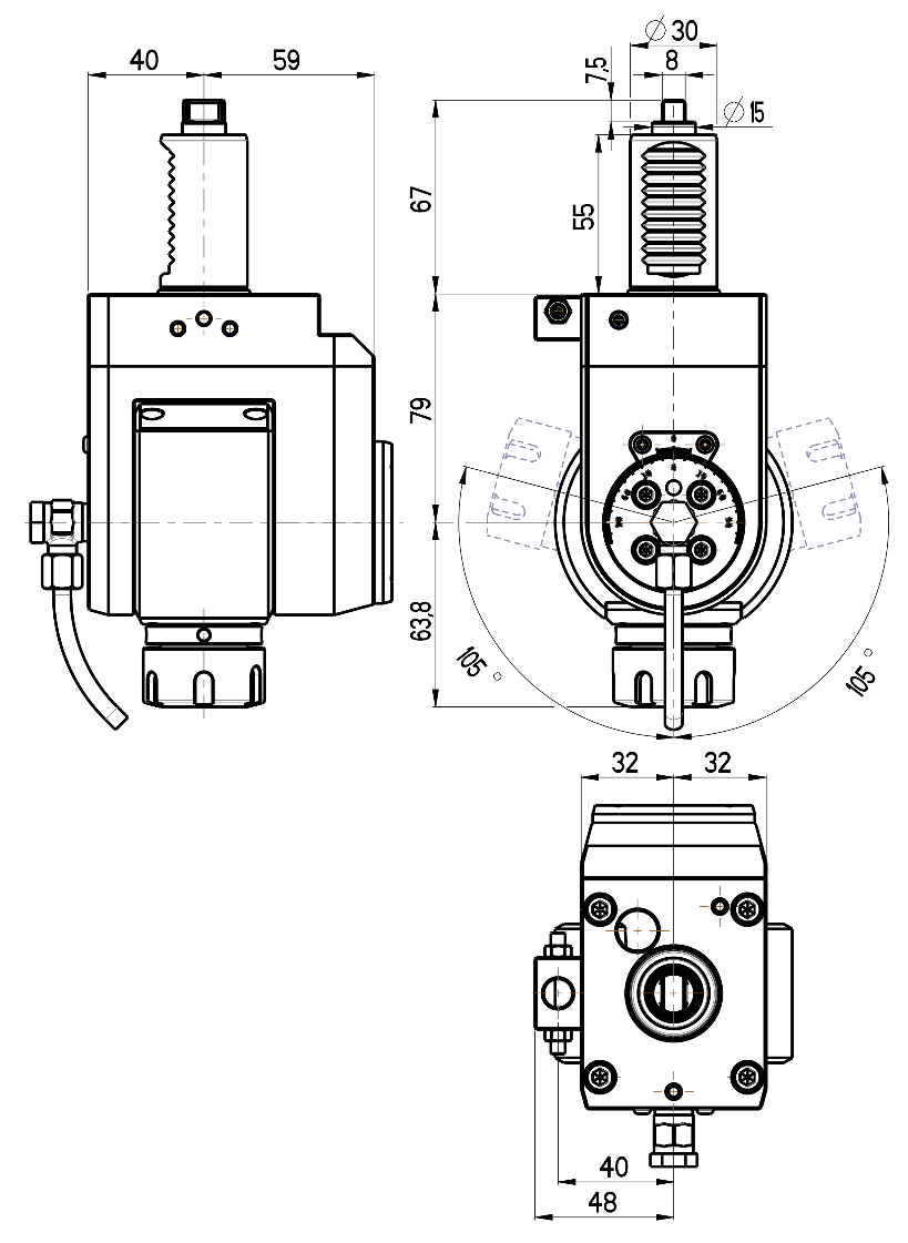 RG Tools VDI 30, winkelverstellbarer Werkzeughalter, Kupplung flach(~DIN 1809), ohne Innenkühlung RGX1-30/521-25/1B Dimensionen