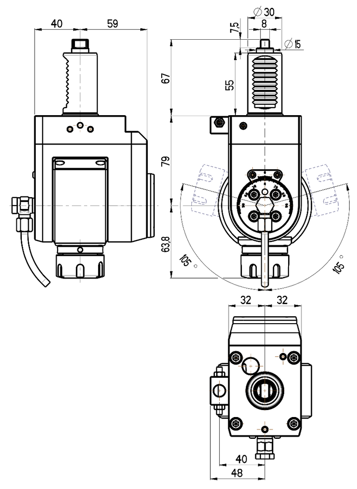RG Tools VDI 30, winkelverstellbarer Werkzeughalter, Kupplung flach(~DIN 1809), ohne Innenkühlung RGX1-30/521-25/1B Dimensionen
