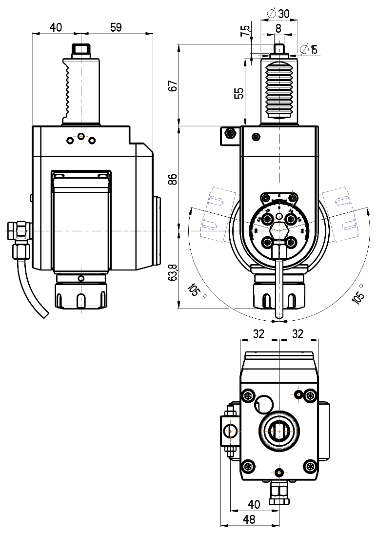 RG Tools VDI 30, winkelverstellbarer Werkzeughalter, Kupplung flach(~DIN 1809), mit Innenkühlung RGX1-30/521-25/2B Dimensionen