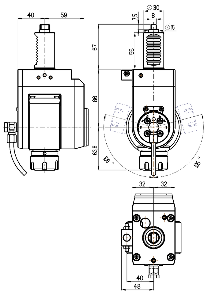 RG Tools VDI 30, winkelverstellbarer Werkzeughalter, Kupplung flach(~DIN 1809), mit Innenkühlung RGX1-30/521-25/2B Dimensionen