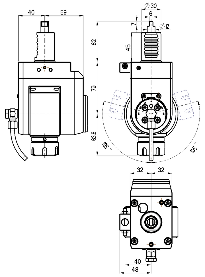 RG Tools VDI 30, winkelverstellbarer Werkzeughalter, Kupplung DIN 1809, mit Innenkühlung RGX1-30/521-25/2 Dimensionen