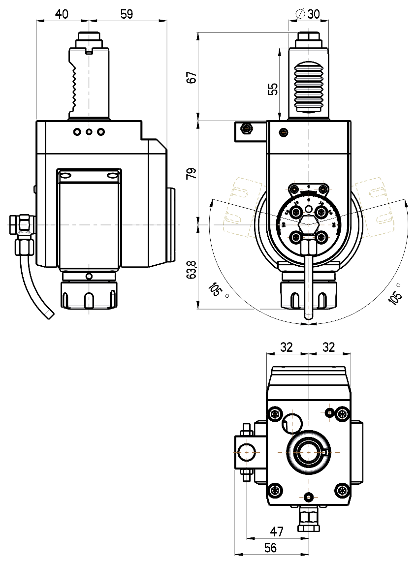 RG Tools VDI 30, winkelverstellbarer Werkzeughalter, Kupplung DIN 5480, ohne Innenkühlung RGX1-30/531-25/1 Dimensionen
