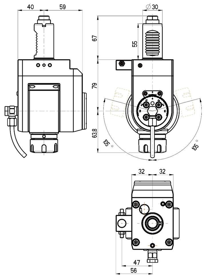 RG Tools VDI 30, winkelverstellbarer Werkzeughalter, Kupplung DIN 5480, ohne Innenkühlung RGX1-30/531-25/1 Dimensionen